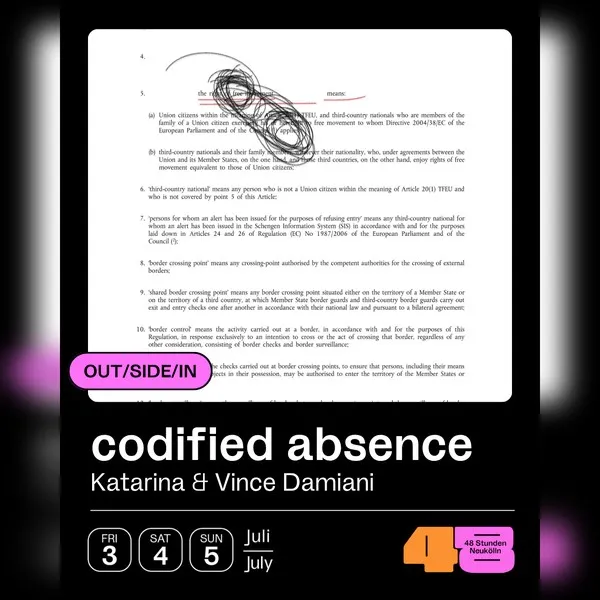 Continuous screening of CODIFIED ABSENCE - a sound/video poem by Katarina & Vince Damiani